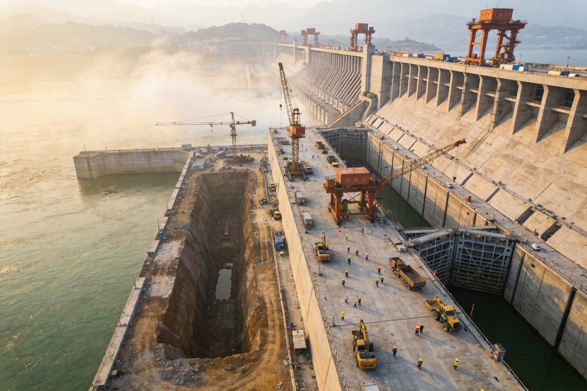 三峡枢纽水利工程施工现场北斗人员定位与数字化管控示意(AI配图)